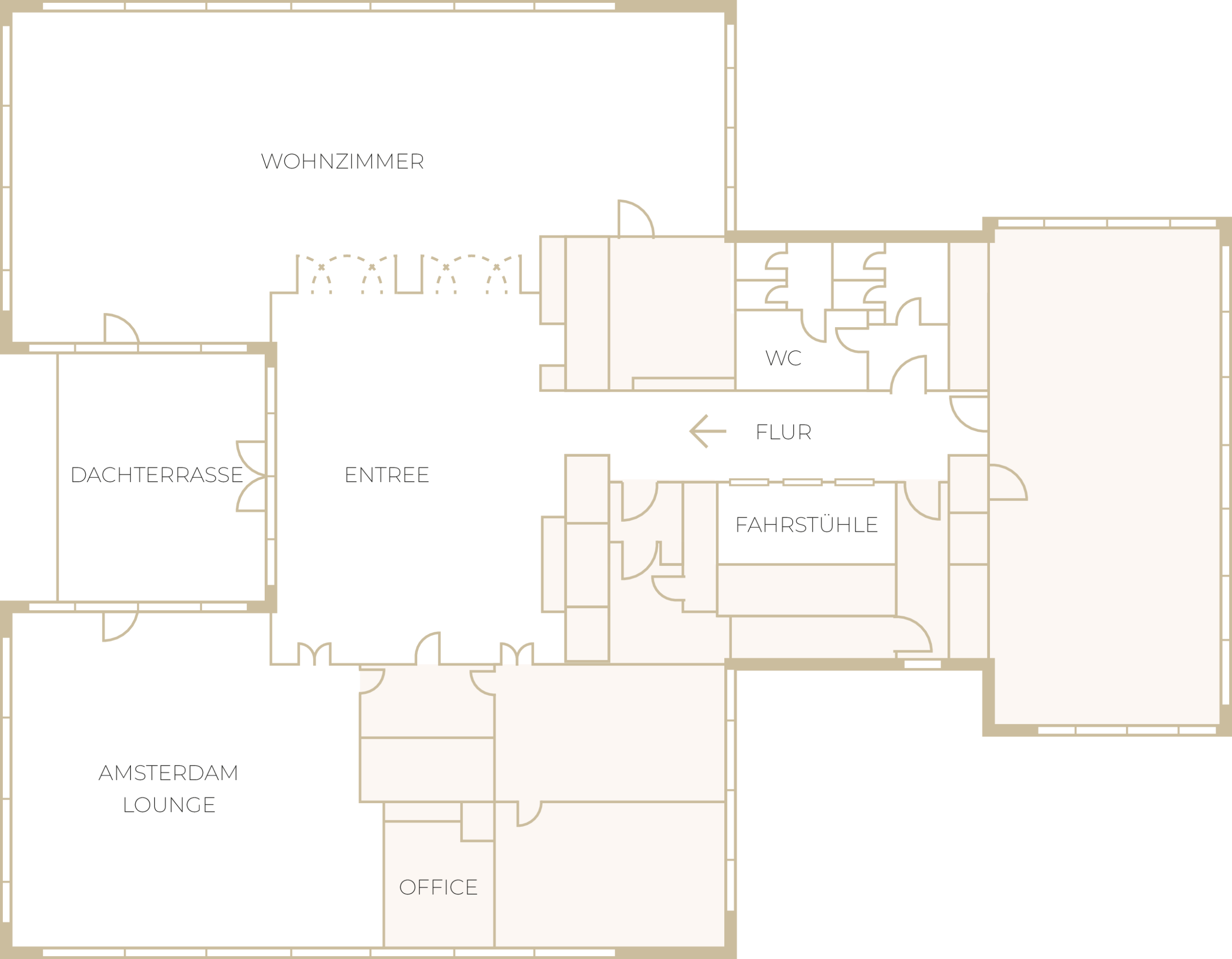 Raumplan Forty Four, 9. Obergeschoss: Wohnzimmer, Entree, Amsterdam Lounge und Dachterrasse