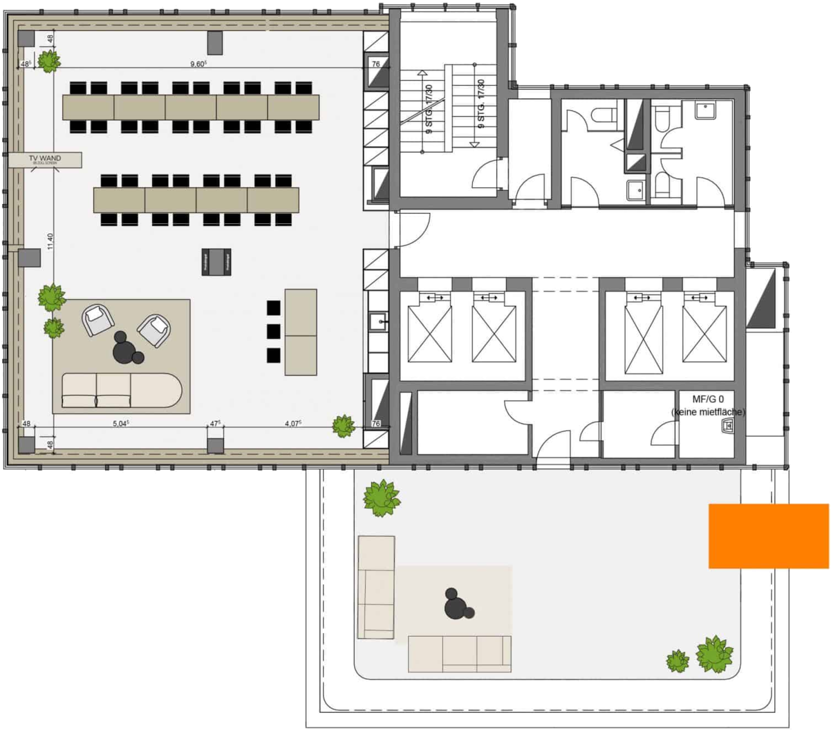 Grundriss des Westend Tower: Eventfläche, Dachterrasse und Nebenflächen